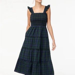 J. Crew Cotton Poplin Smocked Tiered Plaid Midi Dress